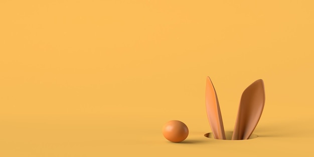 Oreilles de lapin de pâques jetant un coup d'oeil hors d'un trou et illustration 3D d'oeuf de pâques Espace de copie