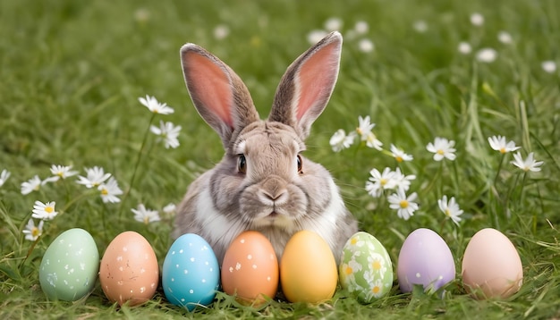 Oreilles de lapin de Pâques avec des œufs de Pâque sur le pré avec des fleurs