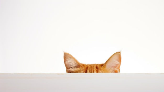 Les oreilles d'un mignon chat roux regardant de derrière un mur blanc vide avec un espace de copie