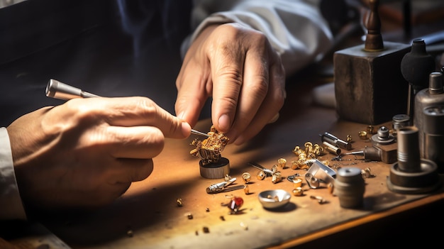 Orfèvre IA générative au travail Établi de bijoutier avec différents outils