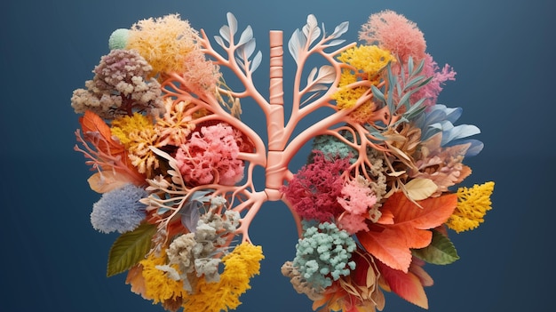 Photo organes pulmonaires à partir de fleurs colorées sur fond bleu