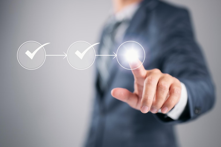 Photo organigramme avec un homme d'affaires en arrière-plan mettant en évidence un flux de travail de processus métier et une approbation de gestion.