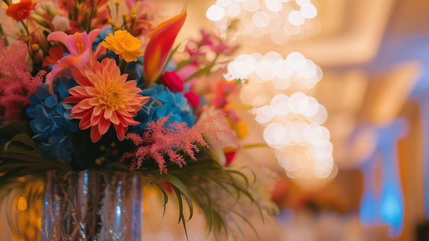 Photo l'organisateur du mariage a arrangé les belles décorations dans la salle de banquet.
