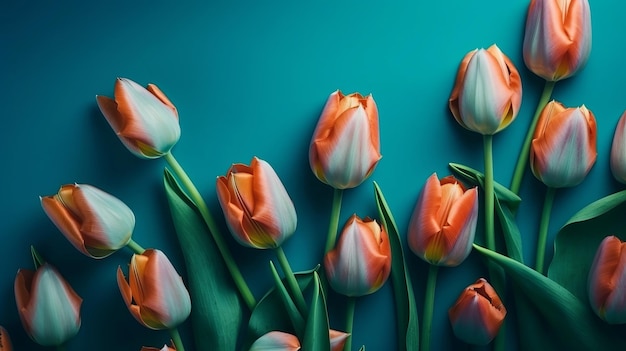 Organisation créative faite de tulipes printanières sur fond de papier bleu Ressource créative générée par l'IA
