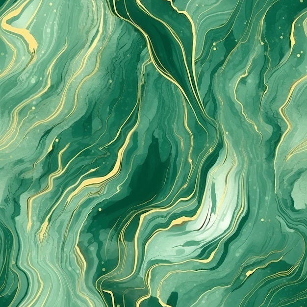 Une organisation désorientante et progressive avec une aquarelle verte inhabituelle efface la surface de marbre liquide et une ligne brillante Motif sans couture généré par l'IA