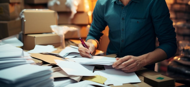 Organisation du bureau Un jeune homme habile gère des papiers qui reflètent sa gestion méticuleuse de l'espace de travail