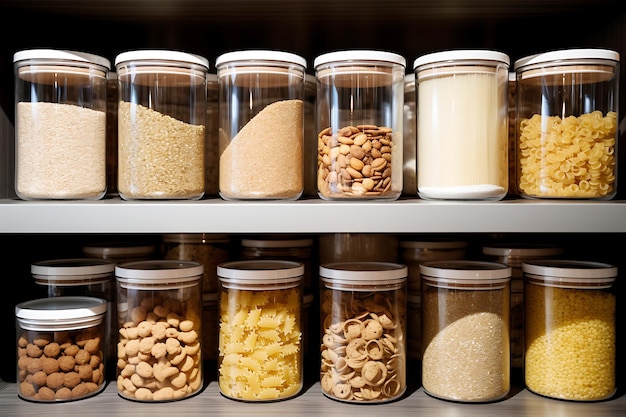 Organisation du stockage zéro déchets dans la cuisine Pâtes et céréales dans des récipients en verre réutilisables