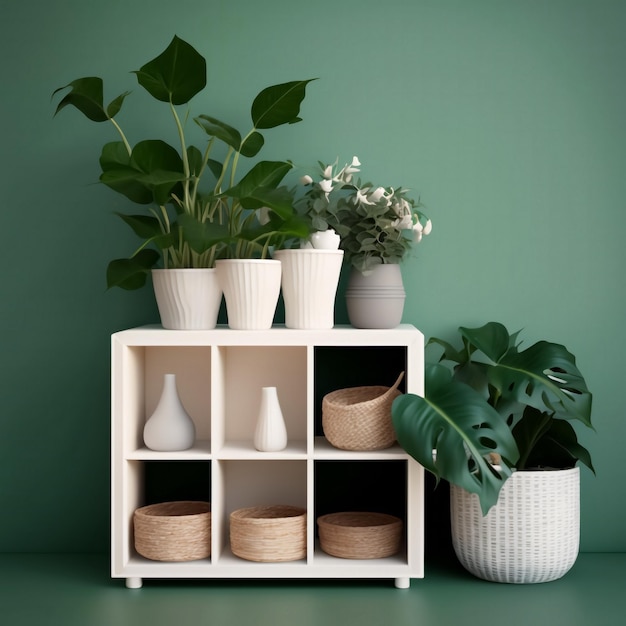 Organisation et rangement des plantes d'intérieur en pots dans le salon sur fond de mur végétalisé