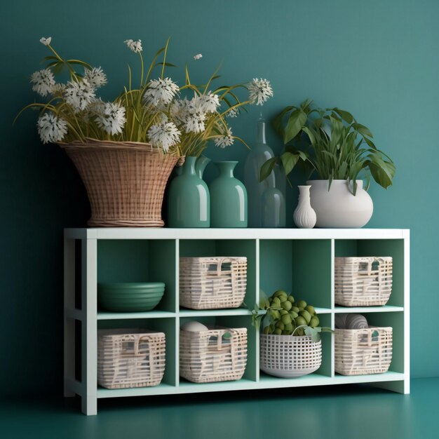 Organisation et rangement des plantes d'intérieur en pots dans le salon sur fond de mur végétalisé