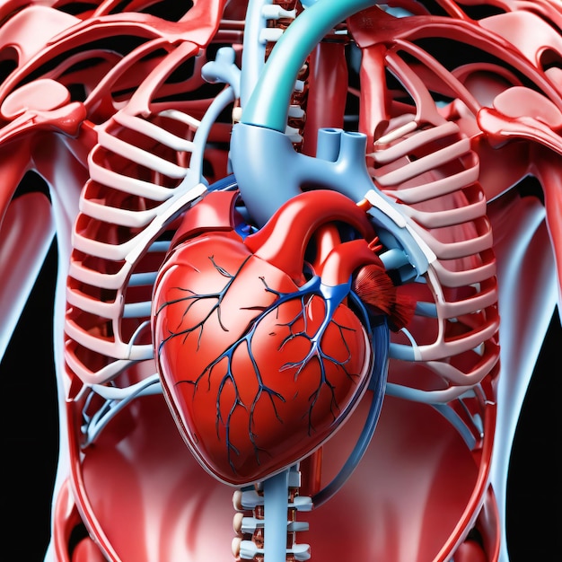 Organs internes du cœur humain en 3D avec des vaisseaux sanguins science médicale Image gratuite.