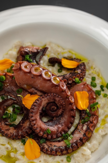 Orge perlé avec tentacules de poulpe dans une grande assiette blanche isolée sur fond noir