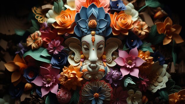 Origami du dieu indien Ganesh en artisanat de fleurs colorées