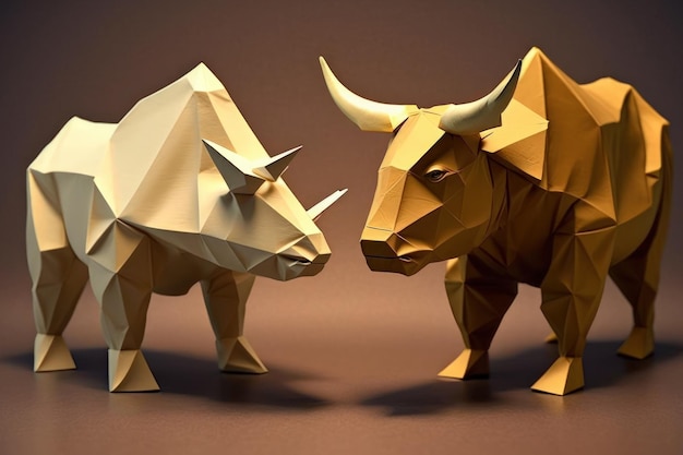 En origami forme un taureau et un ours