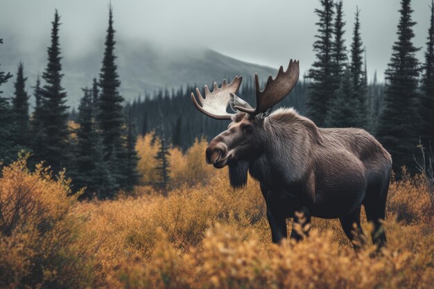 Un orignal dans un champ avec des montagnes en arrière-plan