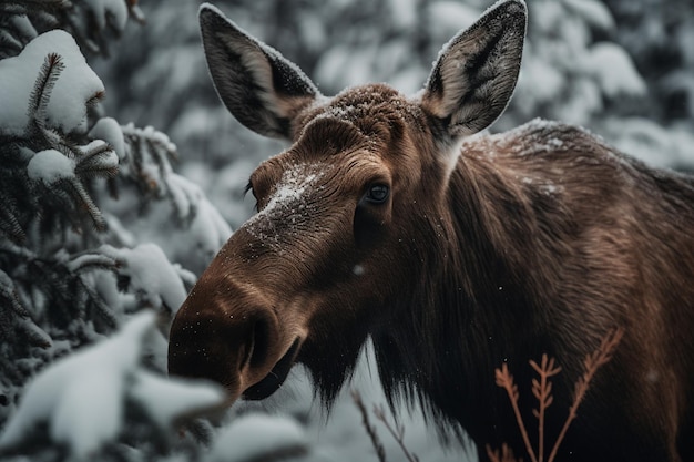 Un orignal dans la neige en hiver