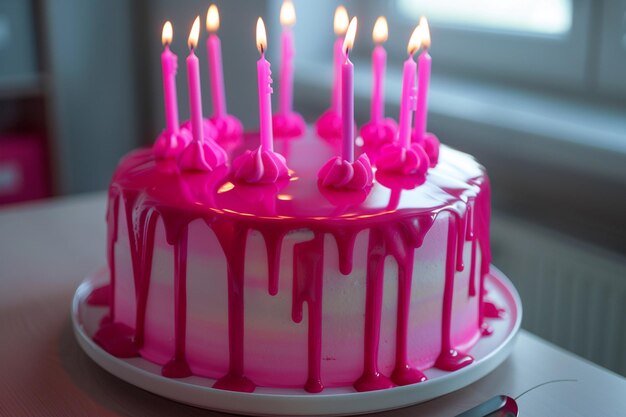 Photo orné de bougies roses, le gâteau d'anniversaire avec de la vanille est un délice.