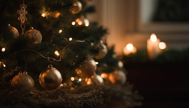 L'ornement d'arbre de Noël rougeoyant illumine la nuit d'hiver générée par l'IA