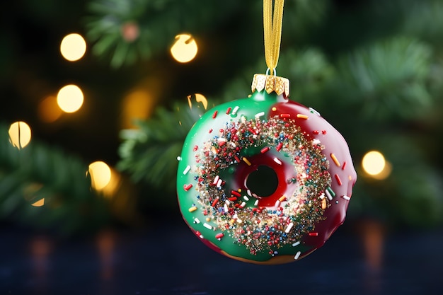 Ornement de beignet d'arbre de Noël avec fond bokeh