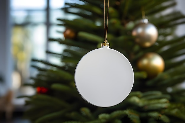 Ornement de boule ronde brillante blanche de Noël sur fond d'arbre de Noël avec décoration