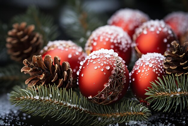 Photo ornement de boules rouges de noël avec de la neige et des feuilles de pin