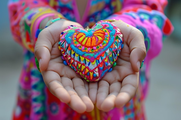 Ornement de coeur indien traditionnel sur les mains colorées