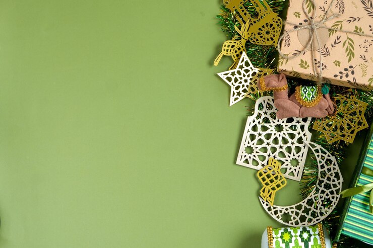 Photo ornement d'eid mubarak à la bordure sur un fond de sauge vert