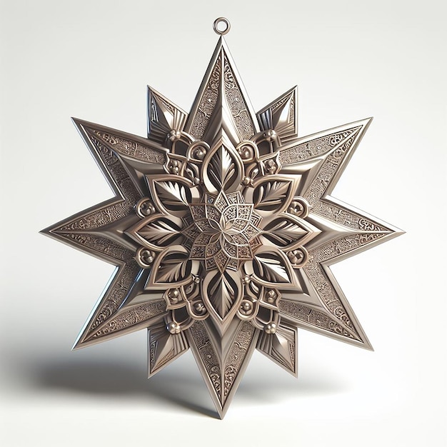 Ornement d'étoile rendu en métal 3D pour le décor du Ramadan sur fond blanc