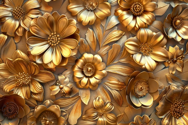 Ornement fleurs d'or motifs de texture couleur ornement floral sculpté métallique imitation 3d espace de copie