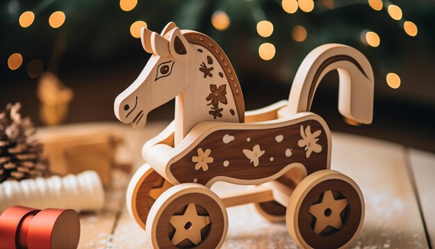 Photo ornement de flocon de neige de cheval à bascule rustique illuminé arbre de noël généré par l'ia