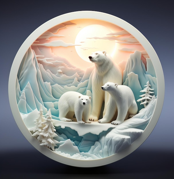 un ornement en miniature avec un ours polaire et leurs petits dans la neige dans le style d'objets lumineux 3D miroirs incurvés wimmelbilder tondo blanc foncé et aquamarine