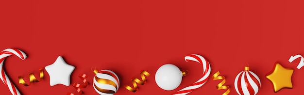 Ornement de Noël boules de canne en bonbon rubans brillants bannière d'en-tête de rendu 3D Noël festif décoration saisonnière mise à plat