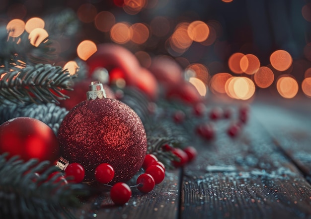 Ornement de Noël brûlé avec des branches sur une table en bois