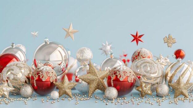 Ornement de Noël décoratif en boules de verre 3D étoiles bonbons isolés sur un fond bleu clair