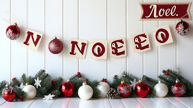 Ornement de Noël rouge et blanc et bannière avec les mots Noel