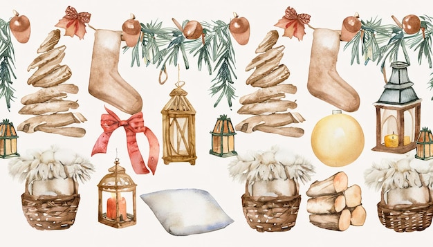 Ornement de Noël scandinave à l'aquarelle Clipart Illustration de la ferme d'hiver générative Ai