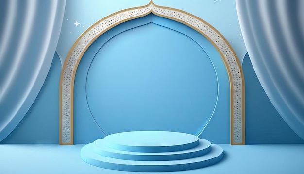 Ornement de ramadhan de fond islamique de podium pastel bleu doux sur fond de tapis bleu doux ai générative