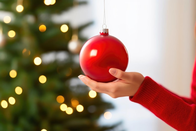 Ornement rouge suspendu à un arbre avec des lumières scintillantes