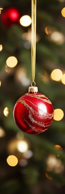 un ornement rouge suspendu à un arbre de Noël