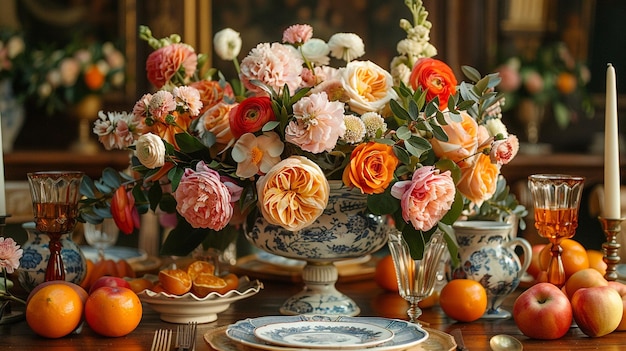 Photo ornement de la table à manger avec des fleurs fraîches