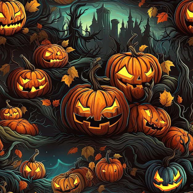 ornement de texture transparente pour le fond d'une carte de voeux festive d'Halloween avec un groupe de citrouilles effrayantes la nuit