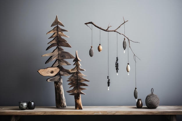 Photo des ornements en bois rustiques sur un arbre minimaliste