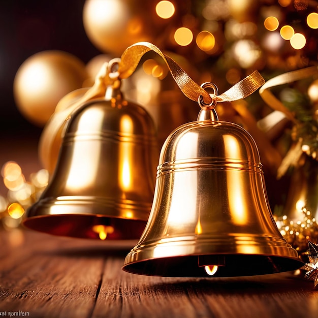 Ornements de cloche de Noël en or décorant l'arbre de Noël dans la célébration traditionnelle des fêtes