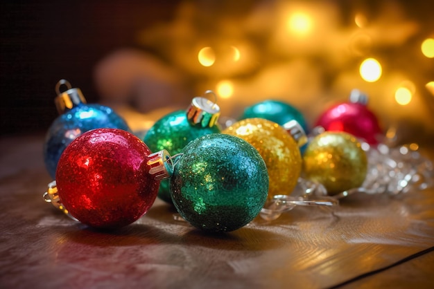 Ornements de Noël colorés sur fond en bois Mise au point sélective AI générative