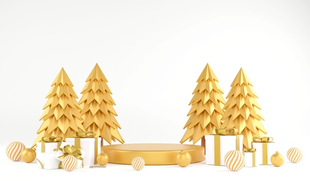 Ornements de noël de rendu 3D et podium d'or sur fond blanc illustration 3d concept de noël