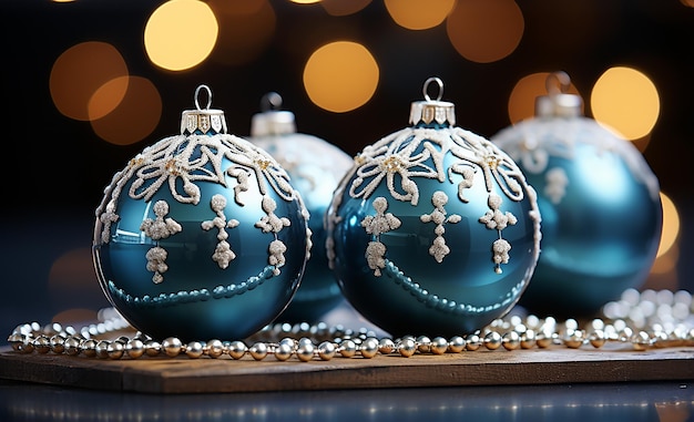 des ornements de Noël sur une surface bleue dans le style