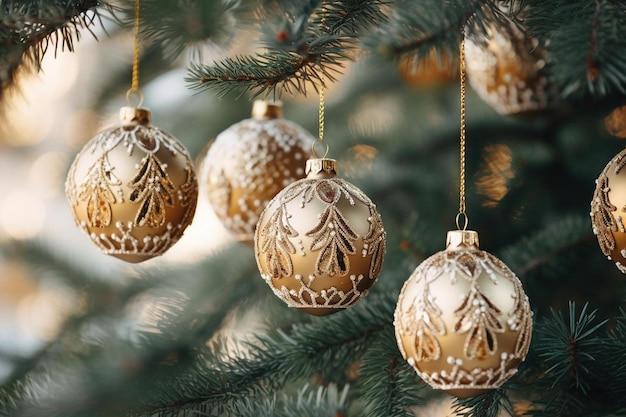 des ornements en or sur un arbre de Noël