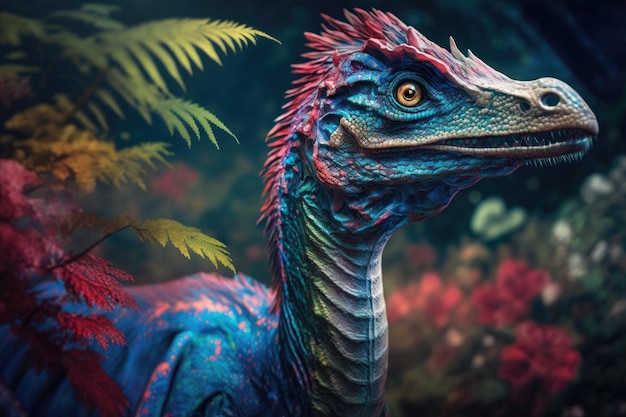 Ornitholestes Dinosaure dangereux coloré dans une nature préhistorique luxuriante par Generative AI