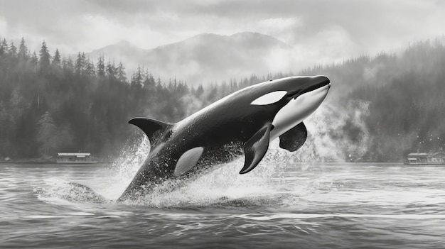Une orque noire et blanche sautant hors de l'eau générée par l'IA