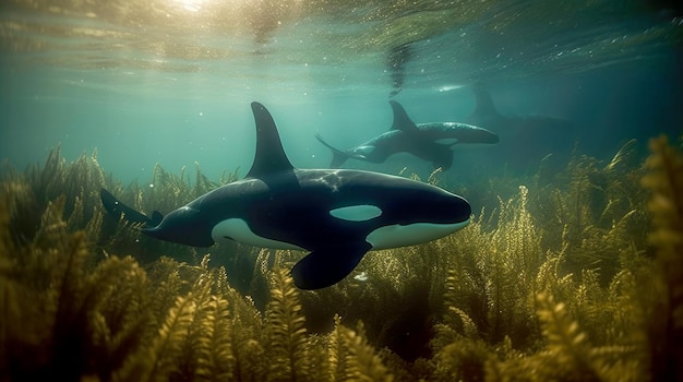 Orques sous l'eau dans la mer