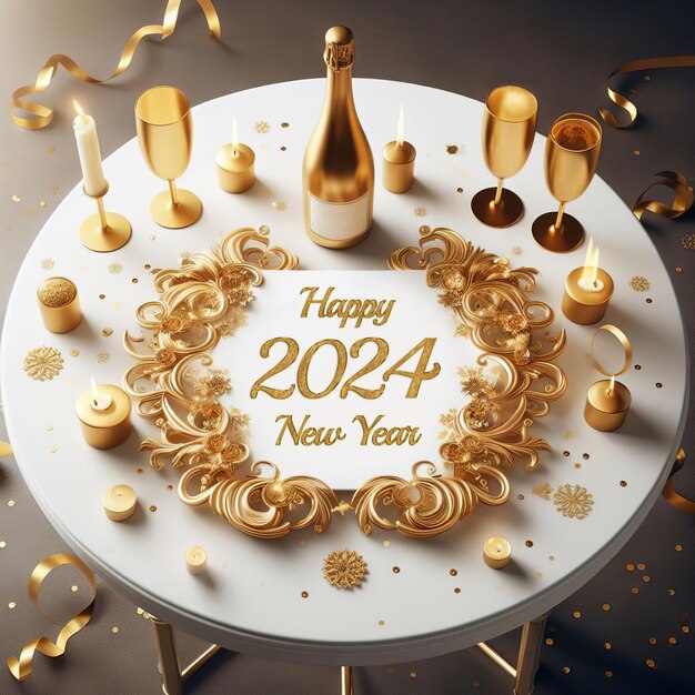 Photo osez rêver votre aventure de 2024 vous attend avec du champagne sur une table blanche ronde.